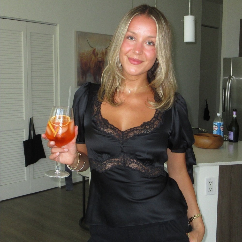 Reformation Black Lace Trim Real Silk Top